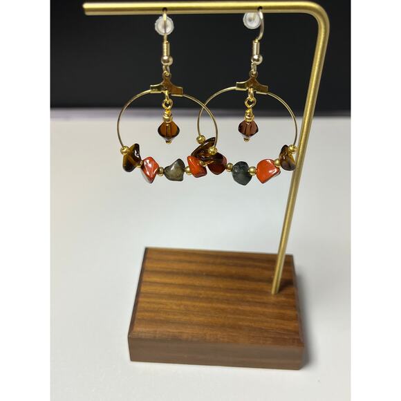 Earthy Gemstone - Glass Hoop Earrings, Gold Plated Hoops, Dangle Drop Earrings, - Picture 2 of 6